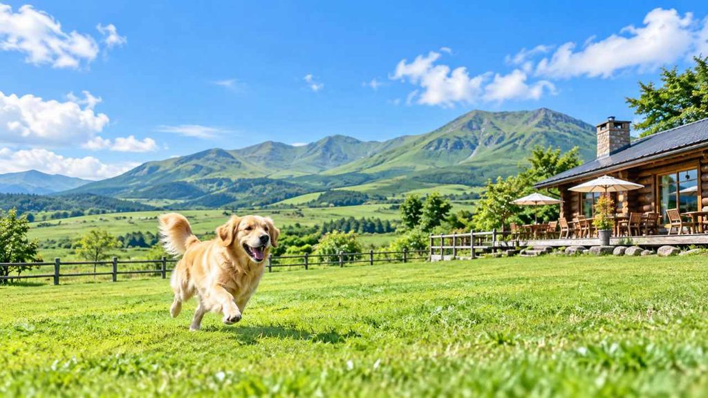 久住のペット可ランチ店のドッグランで遊ぶ愛犬と旅行者