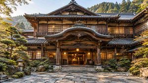 千と千尋の世界観を連想させる竹瓦温泉の唐破風造の玄関