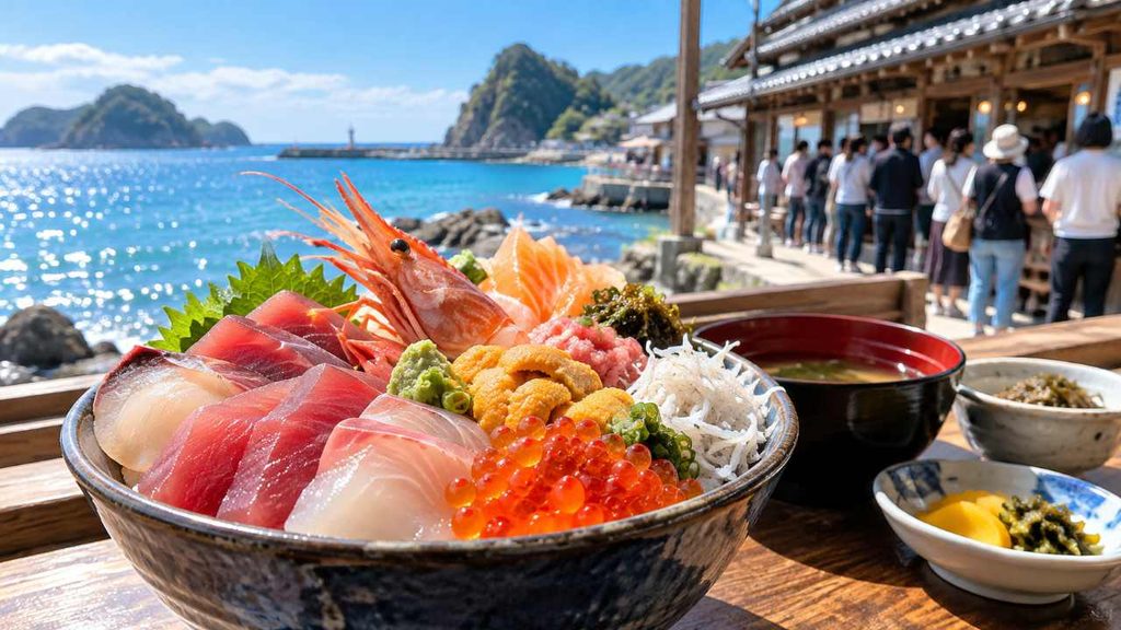 塩湯の待ち時間と混雑状況を紹介する海鮮丼のイメージ