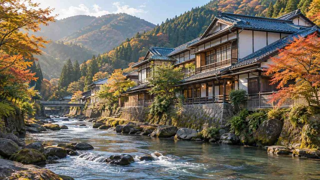 長湯温泉の紅葉館の外観と川沿いの風景